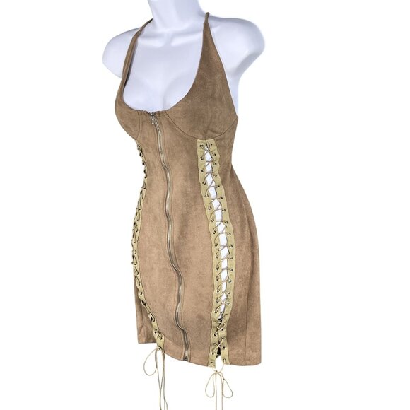 Better Be L Tan Vegan Suede Mini Dress Zip Front Lace Up Stretchy Costal Cowgirl - Picture 6 of 16